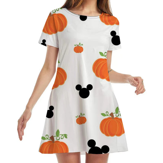 2022 Horror Halloween Summer New Sexy Club Disney Mickey and Minnie Print O Neck Short Sleeve Women's Knee Length Mini Dress Y2K